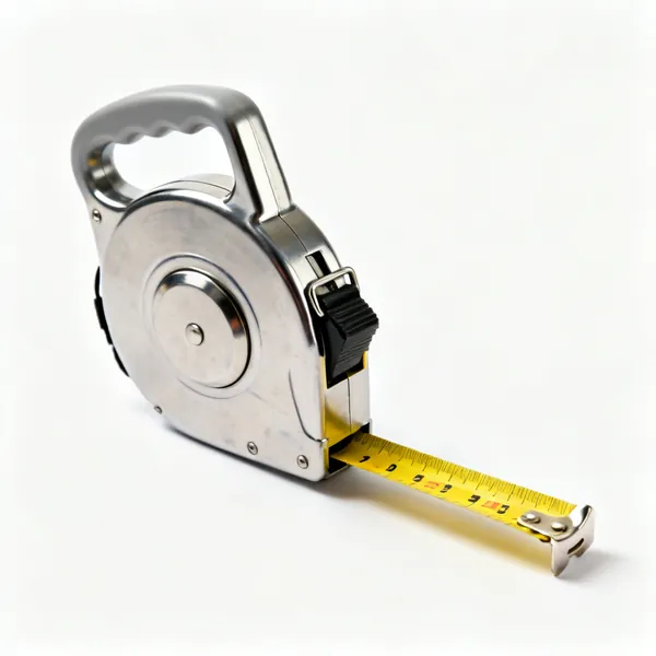 A retractable steel tape measure with a yellow blade and a belt clip