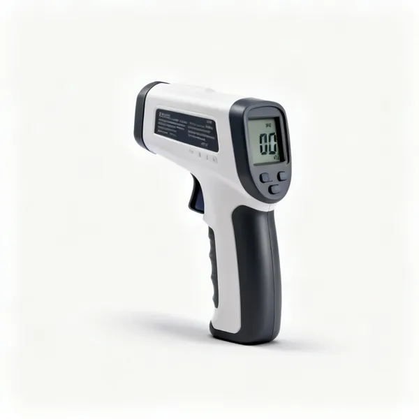 An infrared thermometer gun with a digital display and a trigger