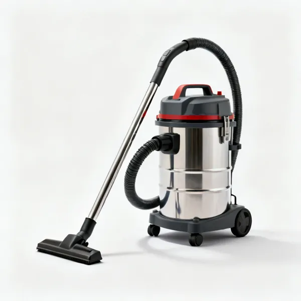 Wet and dry vacuum: A wet and dry workshop vacuum cleaner with a hose and cylindrical body
