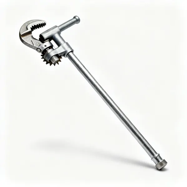 A basin wrench with a long steel shaft, a T handle and a swivelling toothed jaw