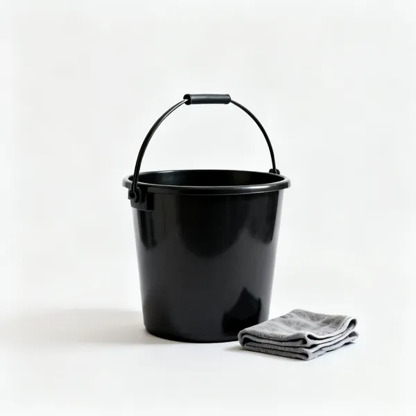 Bucket and cloths: A black plastic bucket with a folded cloth beside it