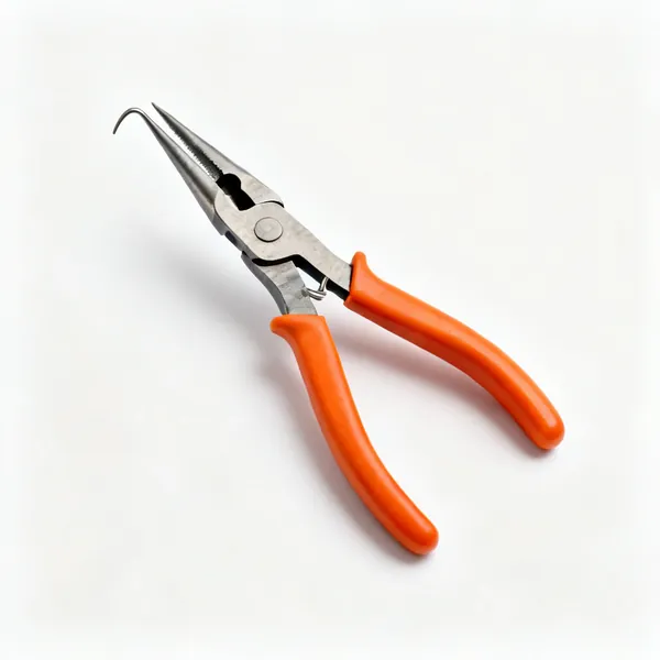 A pair of circlip pliers with fine bent pointed tips and orange handles