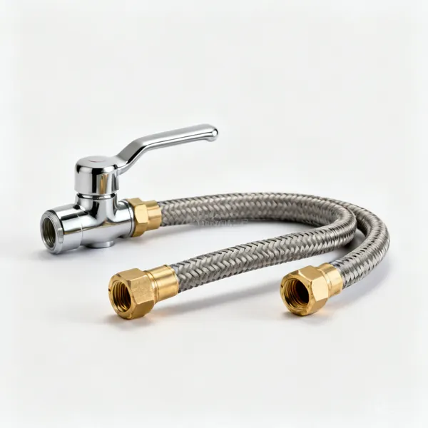 Flexible tap connectors: A pair of braided flexible tap connector hoses with brass nuts