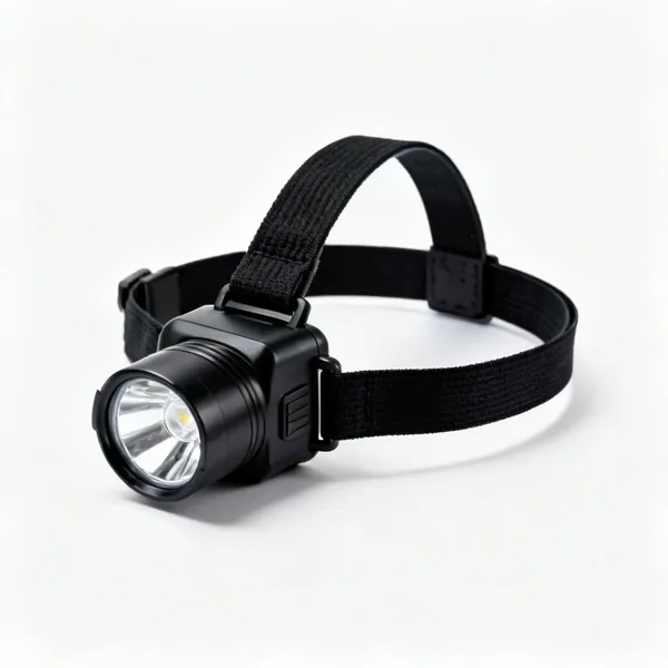 A black LED head torch with an adjustable elastic headband
