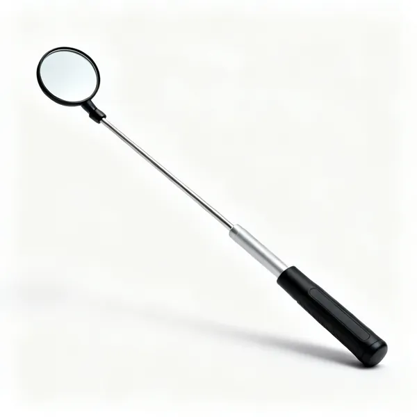 A telescopic inspection mirror with a small round mirror on an extending shaft
