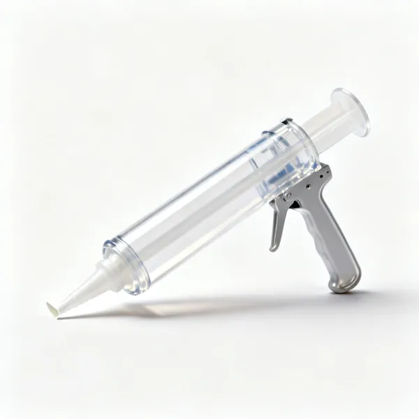 A cartridge tube of clear silicone sealant with a cut nozzle