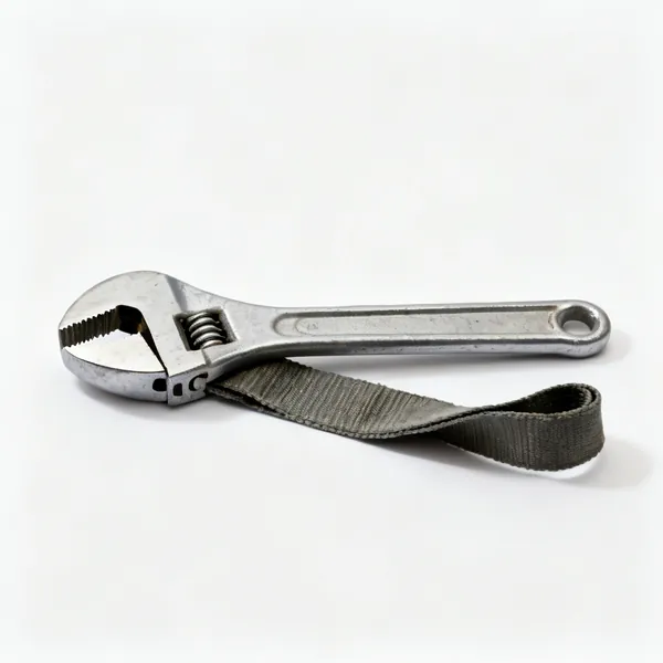 A strap wrench with a metal handle and a heavy fabric strap