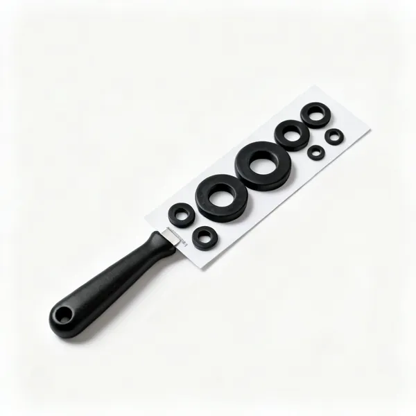 Tap washer set: An assortment of black rubber tap washers of different sizes on a card