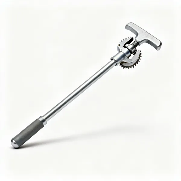 A basin wrench with a long steel shaft, T handle and swivelling toothed jaw