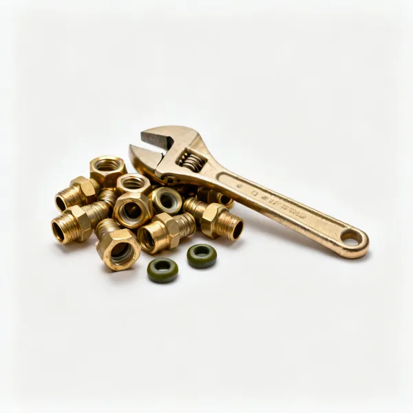 Compression fittings: A handful of brass compression plumbing fittings with nuts and olives