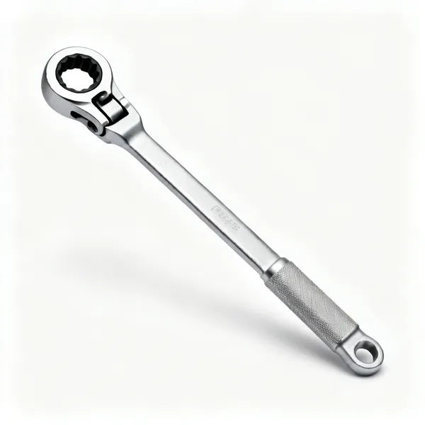 Flexi head ratchet spanner: A flexible hinged head ratcheting ring spanner with a pivoting head