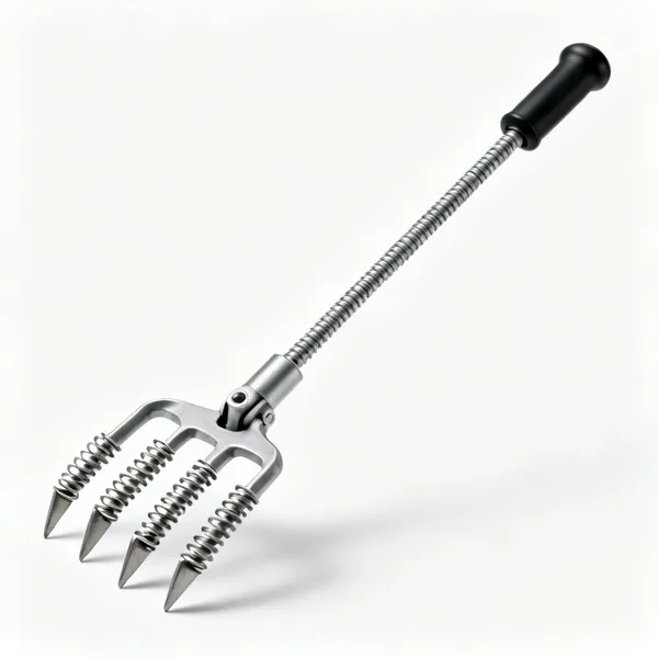A flexible claw grabber tool with a plunger handle and four sprung claws