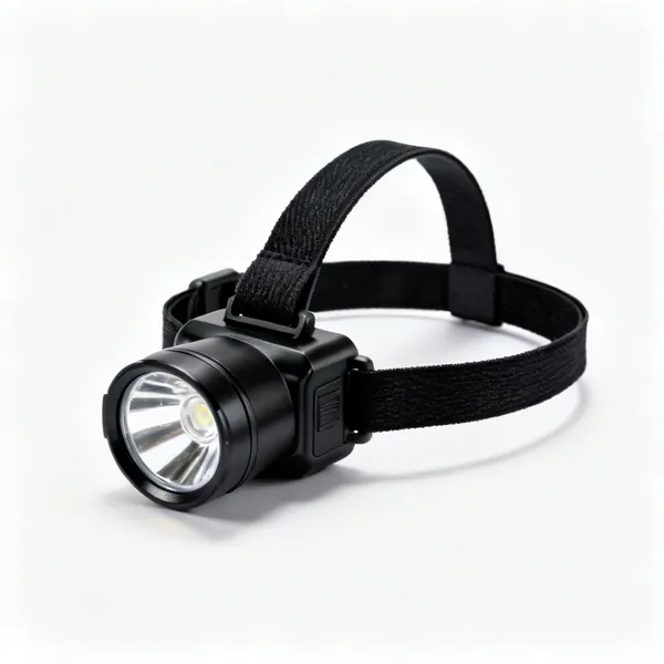 A black LED head torch with an adjustable elastic headband