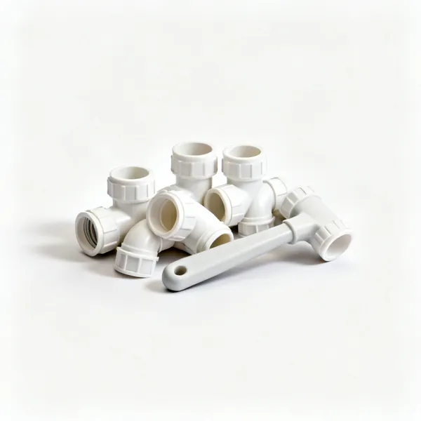 Push fit fittings: A handful of white plastic push fit plumbing fittings including elbows and couplings