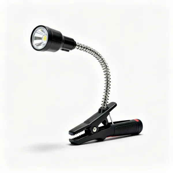 Clip on work light: A small LED work light with a spring clamp and a flexible neck