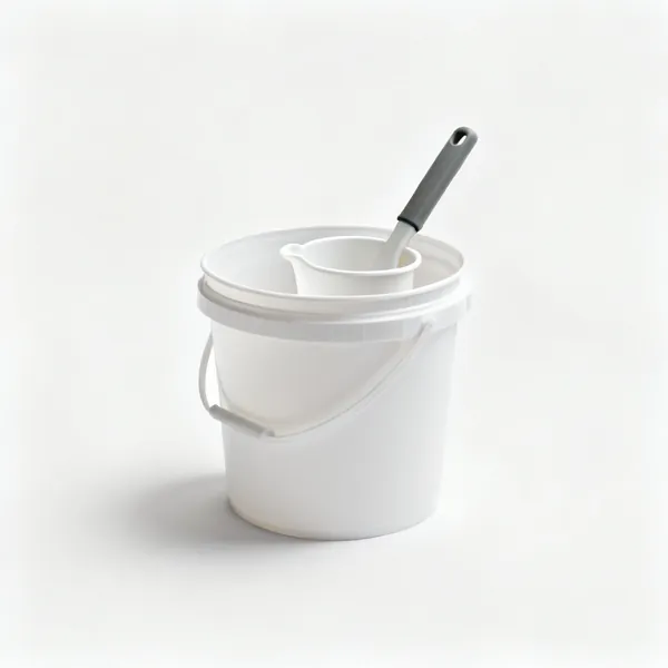 Bucket and jug: A plastic bucket with a smaller jug inside it