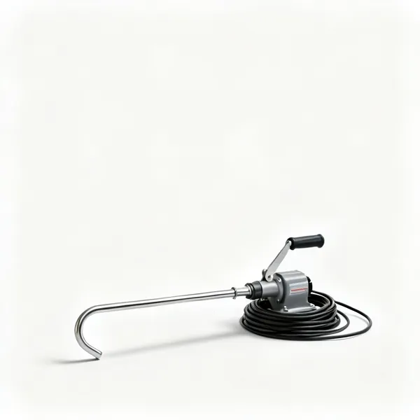 A closet auger with a curved rigid guide tube, a crank handle and a coiled cable
