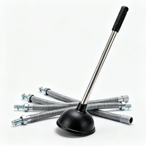 Drain rods: Several flexible drain rod sections with screw connectors and a rubber plunger head