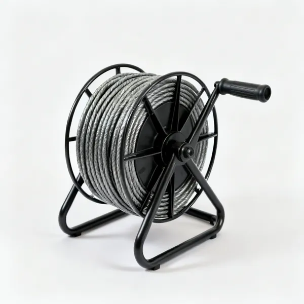 A coiled drain snake auger cable on a hand crank reel