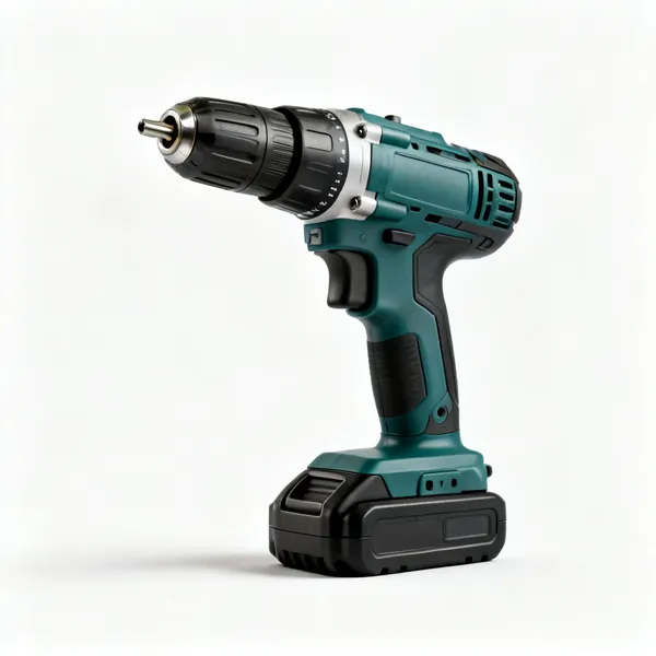 A cordless combi drill with a keyless chuck and a battery