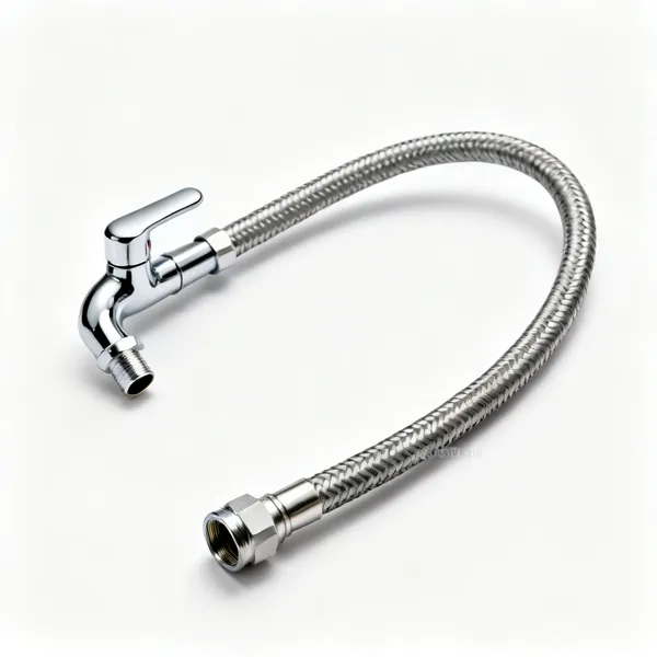 Flexible tap connector: A braided flexible plumbing tap connector hose with two fittings