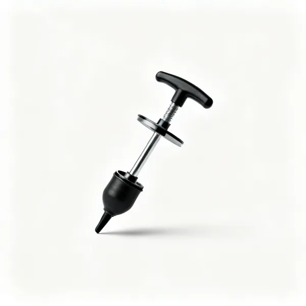 A manual pressure plunger pump with a piston handle and a rubber nozzle