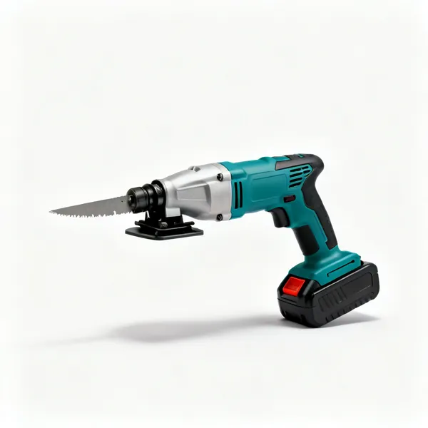 A cordless oscillating multi tool with a cutting blade fitted and a battery