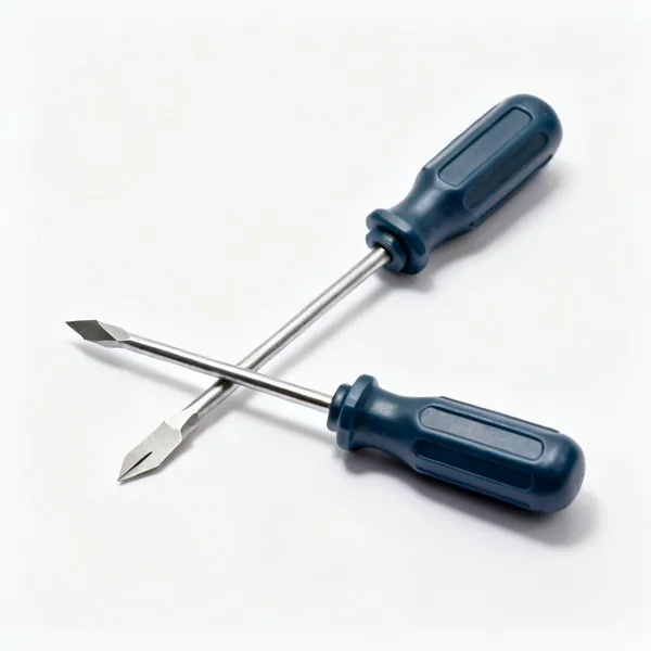 Two screwdrivers, one flat blade and one cross head, with plastic handles