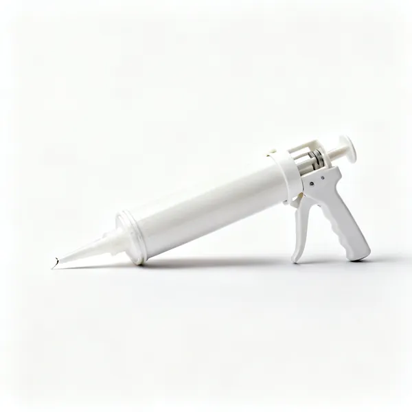 A cartridge of white sanitary silicone sealant with a cut nozzle