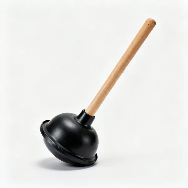 A black rubber toilet plunger with a flanged cup and a wooden handle
