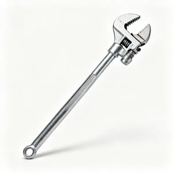 A basin wrench with a long steel shaft and a swivelling toothed jaw head