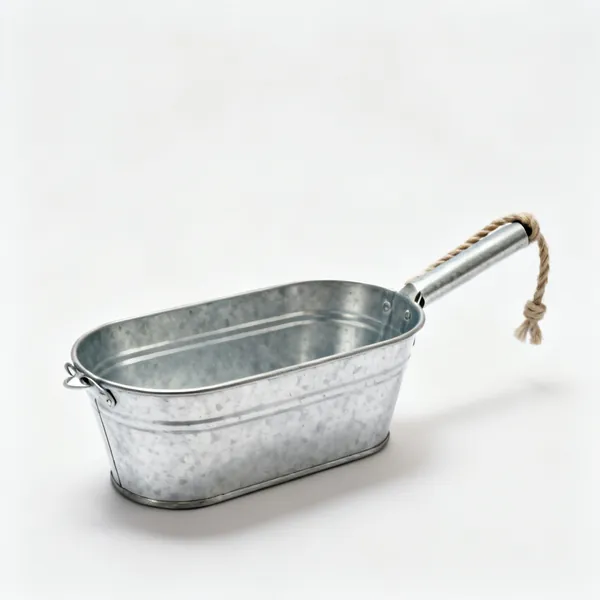 Drain bailer: A narrow galvanised metal drain bailing bucket with a rope handle