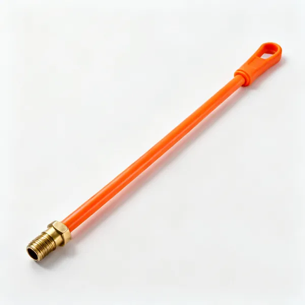 A set of flexible orange plastic drain rods with threaded brass end connectors