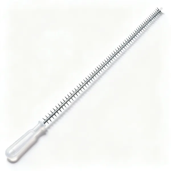 Drain hair stick: A long thin plastic drain cleaning stick with rows of barbs along both edges