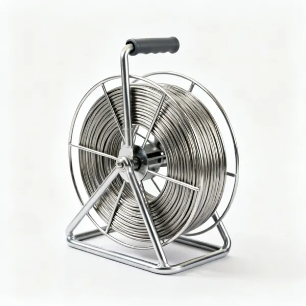 Flat steel tape: A coiled flat steel drain clearing tape on a metal reel with a handle