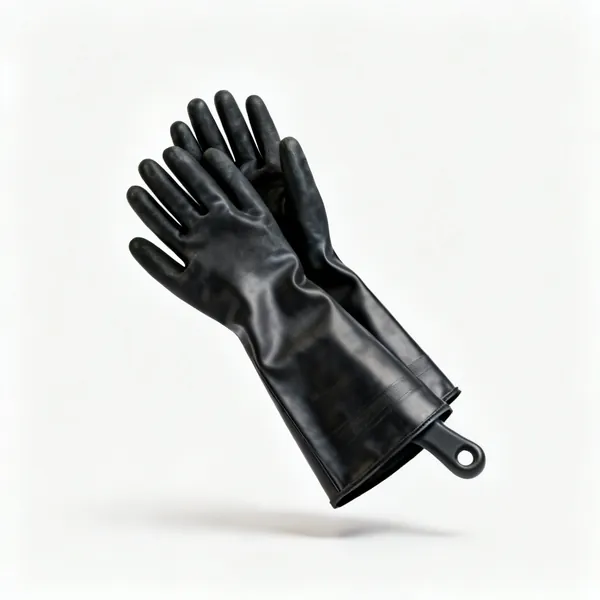 Long gauntlet gloves: A pair of long cuffed black rubber gauntlet gloves