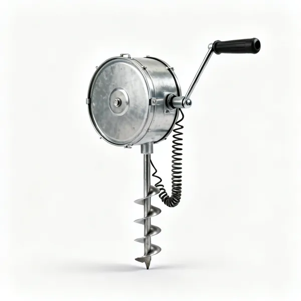 A drum hand auger with a metal drum, crank handle and coiled spring cable