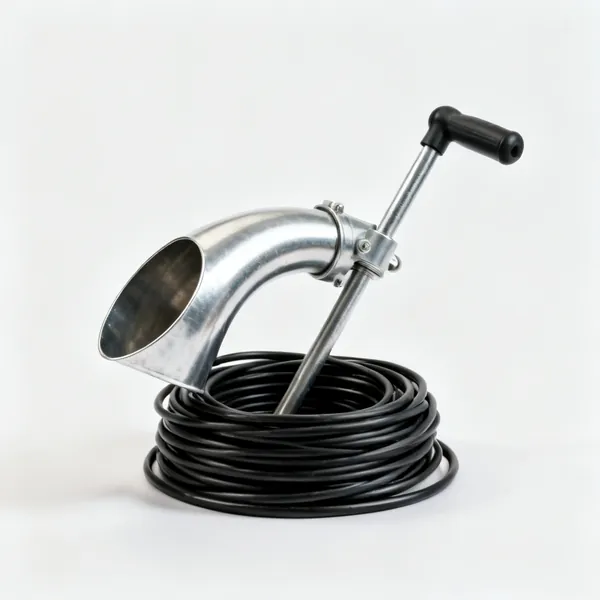 A toilet auger with a curved metal sleeve, coiled cable and a crank handle