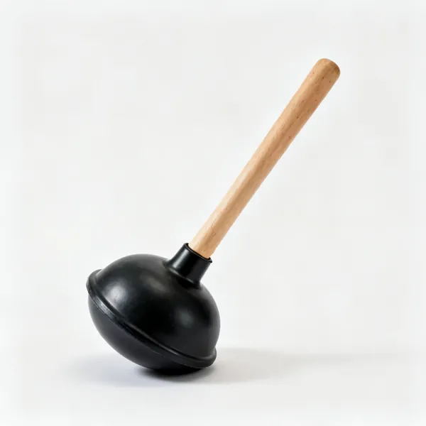 A black rubber cup sink plunger with a short wooden handle