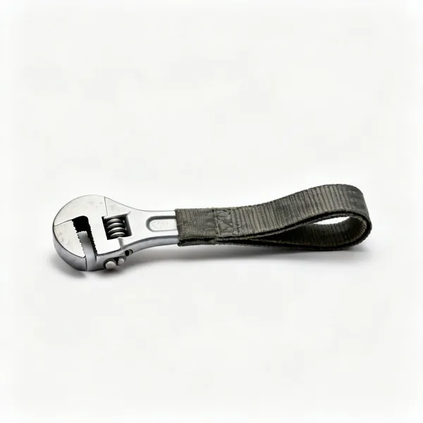 A strap wrench with a metal handle and a heavy fabric strap