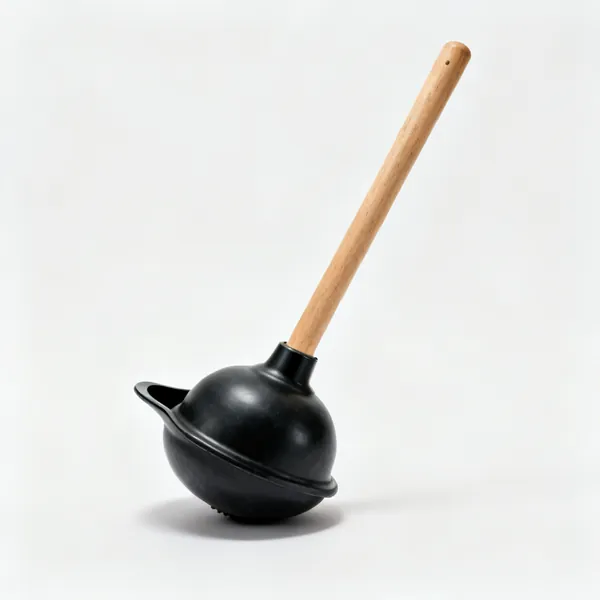 A black rubber toilet plunger with an extended flange lip and a long wooden handle