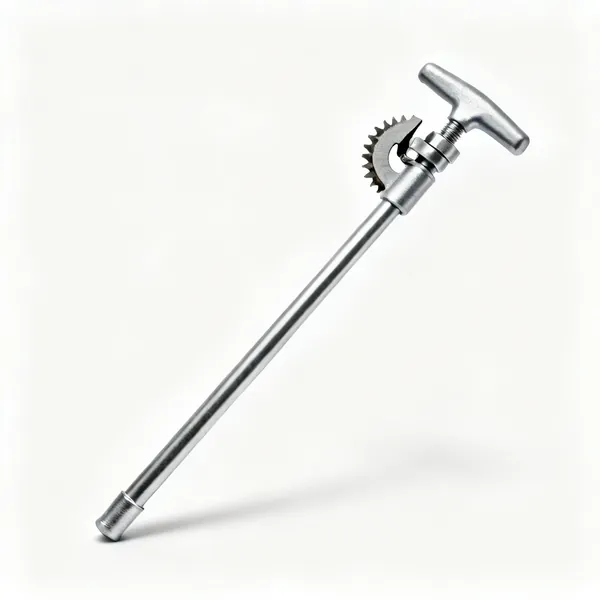 A basin wrench with a long steel shaft, T handle and swivelling toothed jaw