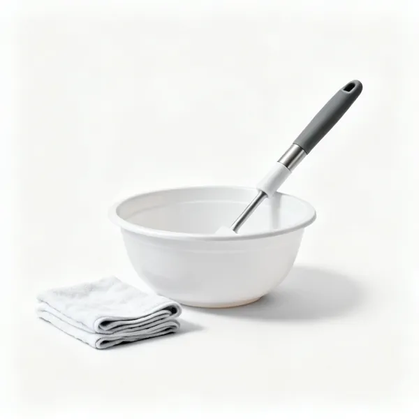Shallow bowl and cloths: A shallow plastic bowl with folded cloths beside it