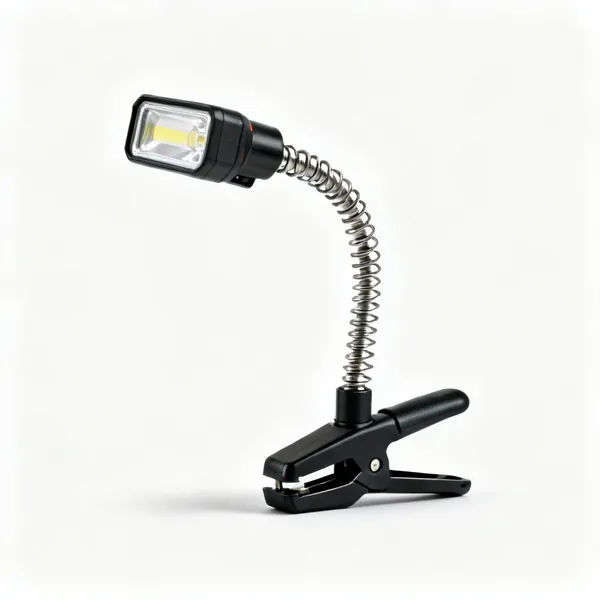 Clip on work light: A small LED work light with a spring clamp and a flexible neck