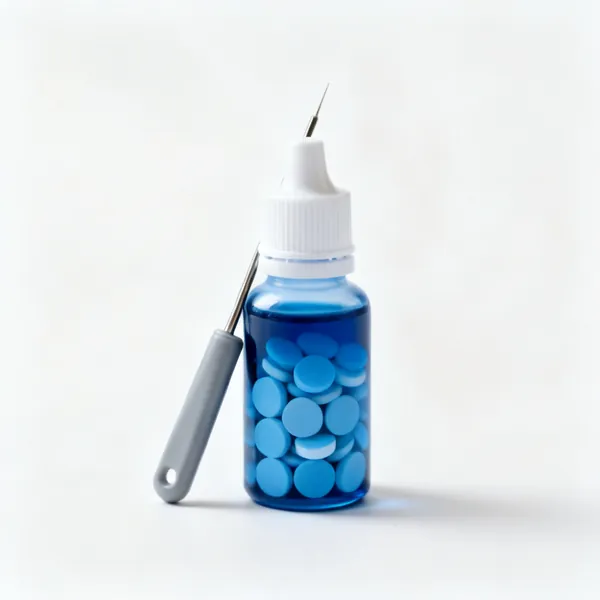 A small bottle of blue water tracing dye tablets