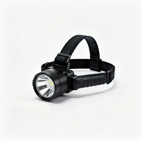 A black LED head torch with an adjustable elastic headband