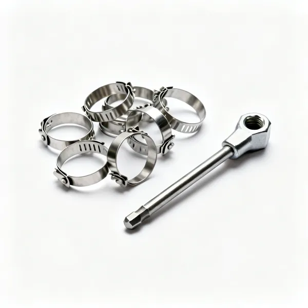 Jubilee clips and driver: A handful of stainless steel jubilee hose clips beside a nut driver