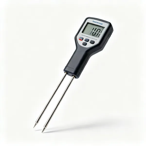 A handheld pin type moisture meter with a digital display and two probe pins