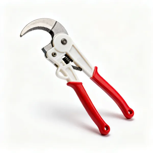 A pair of ratcheting plastic pipe shears with a curved blade and red handles