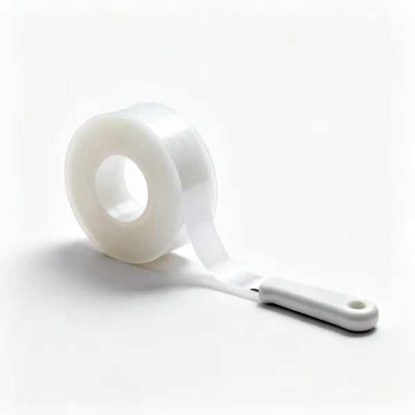PTFE tape: A roll of white PTFE plumbers thread seal tape partly unwound
